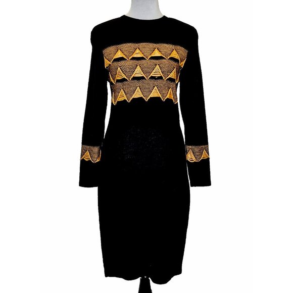 Steve Fabrikant Knit Dress Black Orange Wool Blend Triangles VTG 1980s - Picture 1 of 14